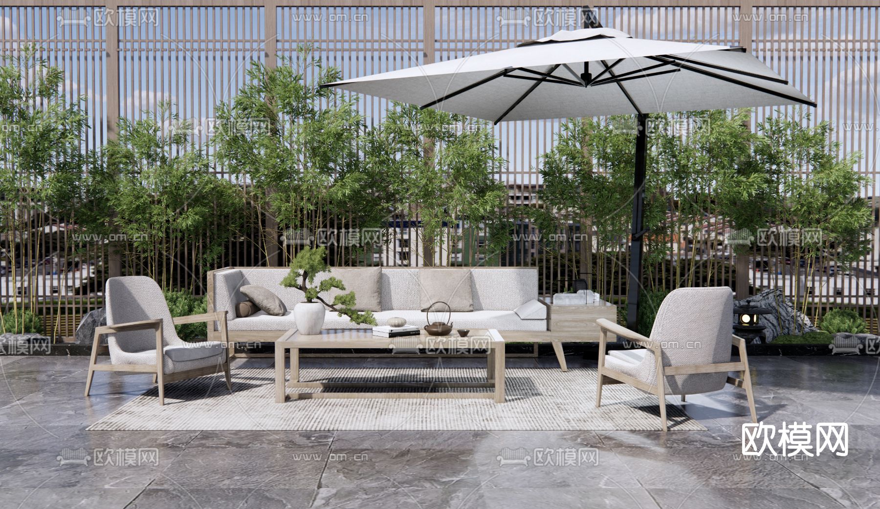 新中式户外沙发su模型下载（渲染图1）