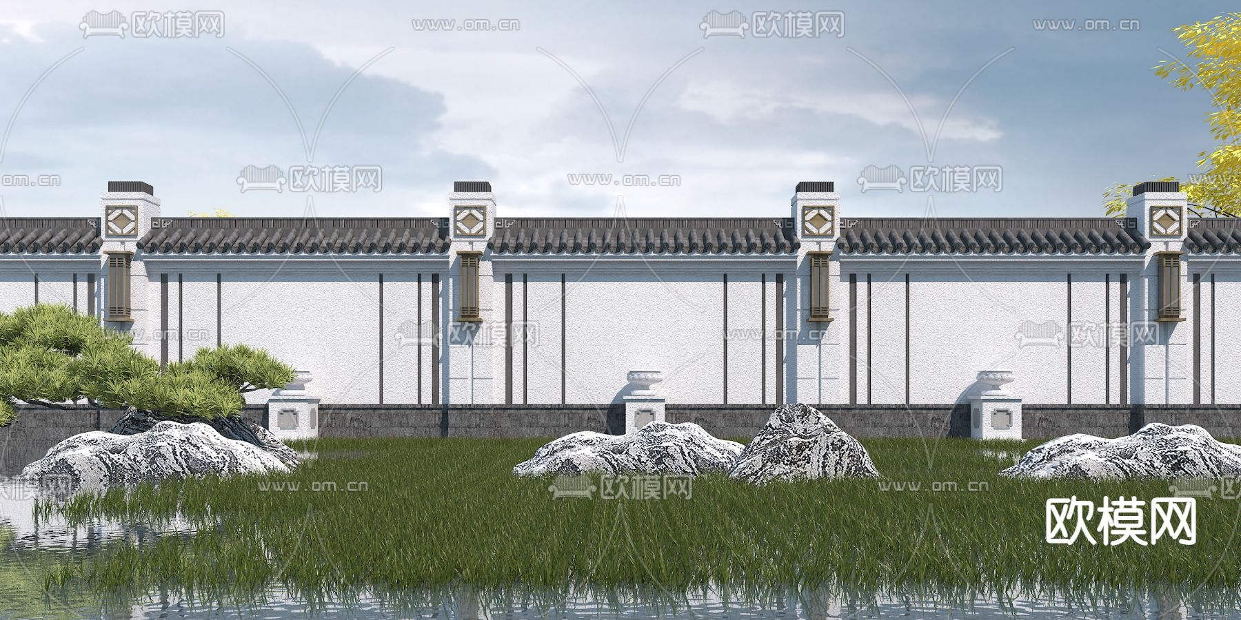 新中式景观墙3d模型下载