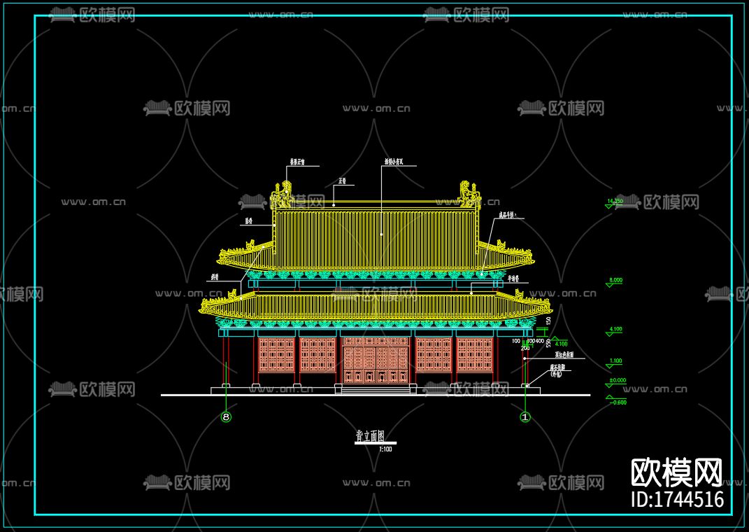 古殿建筑cad施工图下载（渲染图3）