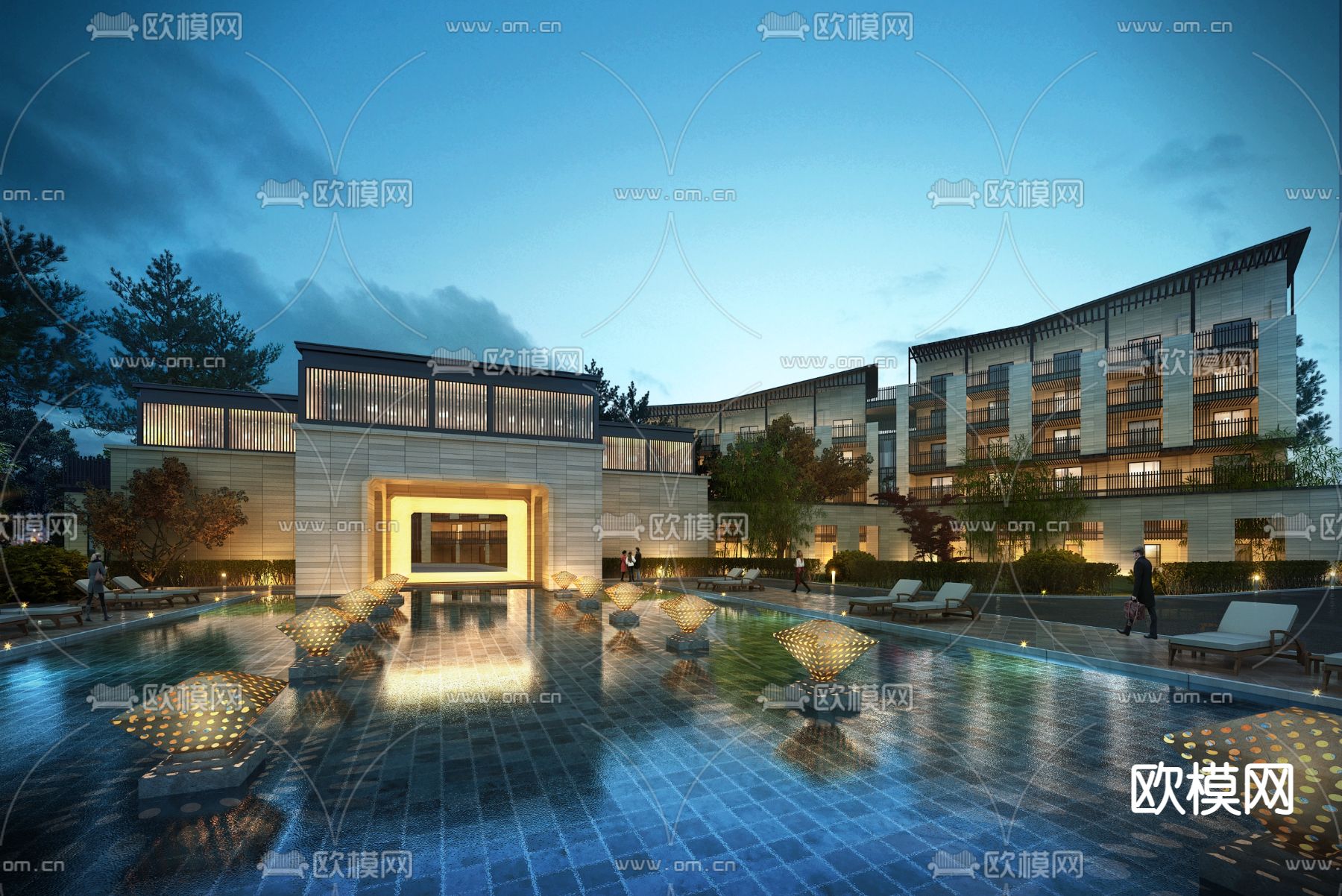 现代酒店内庭外观夜景3d模型下载