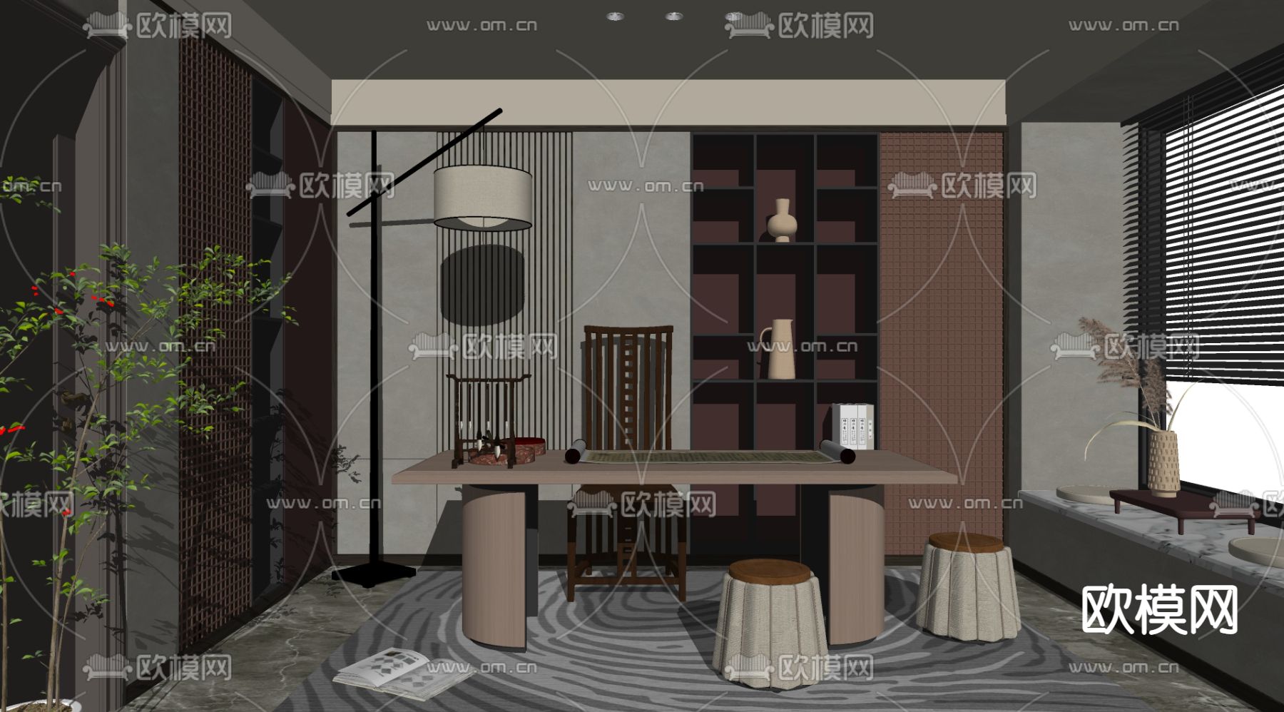 新中式书房su模型