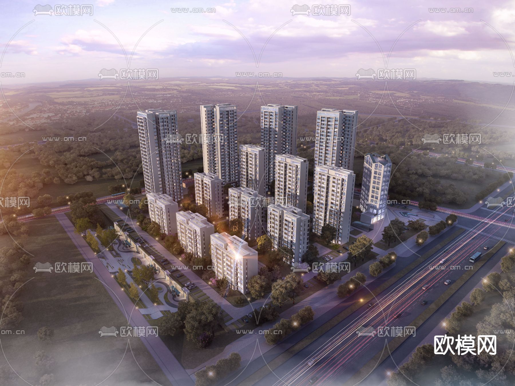 现代住宅小区鸟瞰3d模型下载