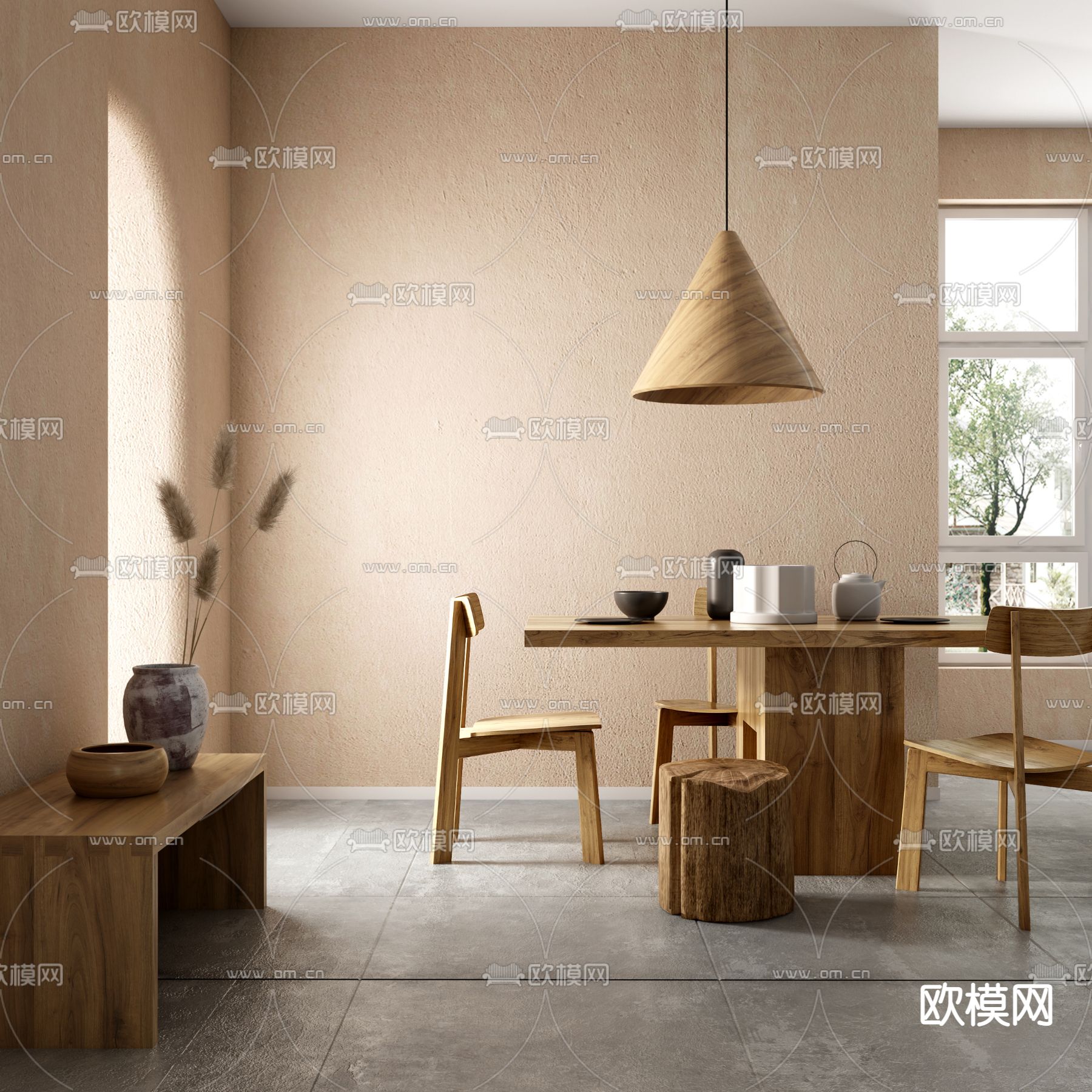 自然风实木餐桌椅3d模型