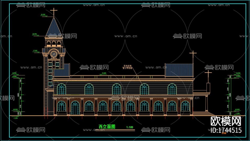 教堂建筑cad施工圖下載(渲染圖2)