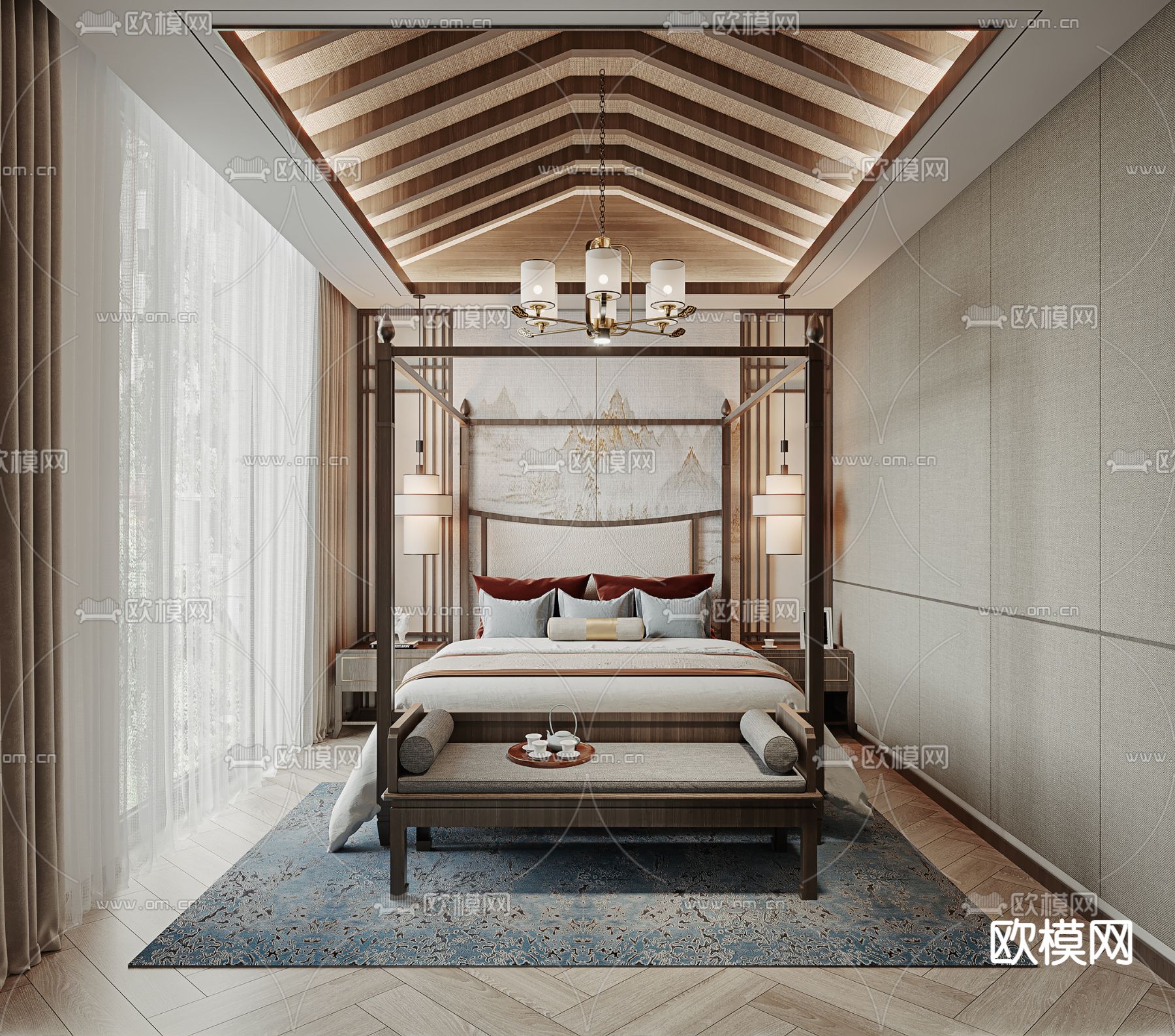 中式卧室主人房3d模型下载