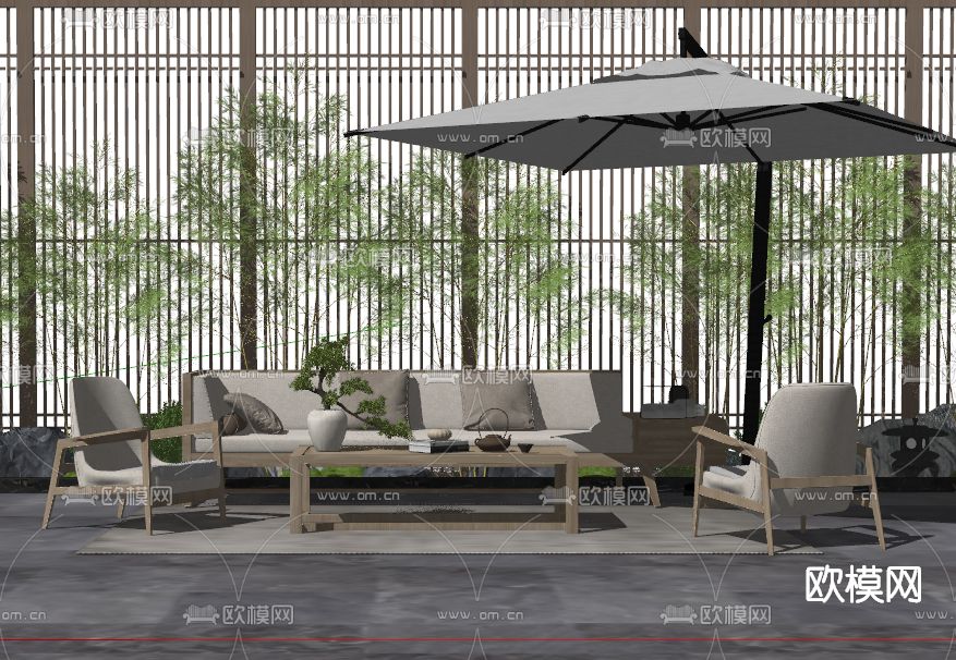 新中式户外沙发su模型下载（渲染图2）