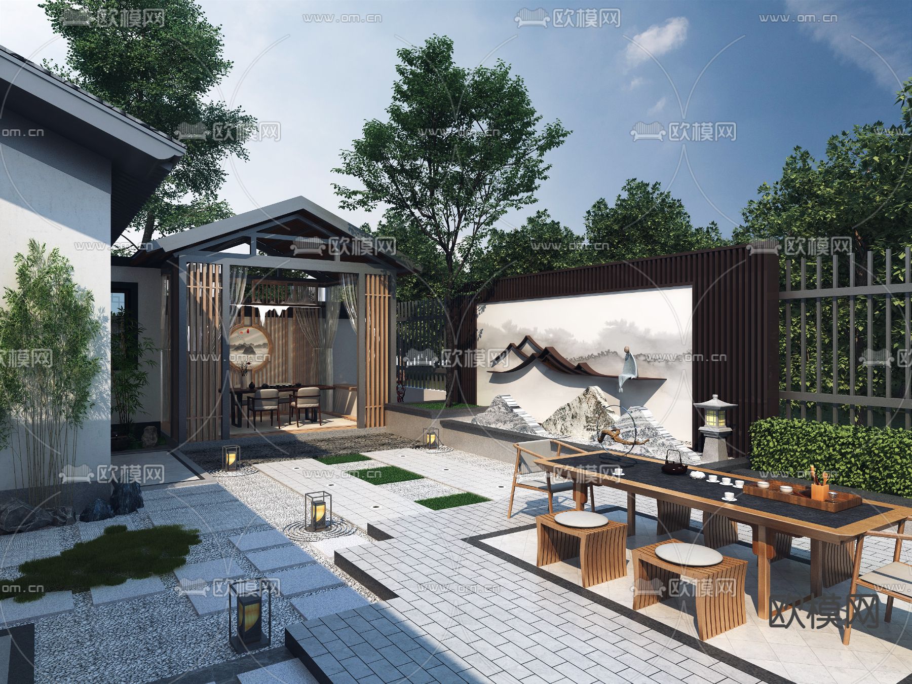 新中式别墅庭院3d模型