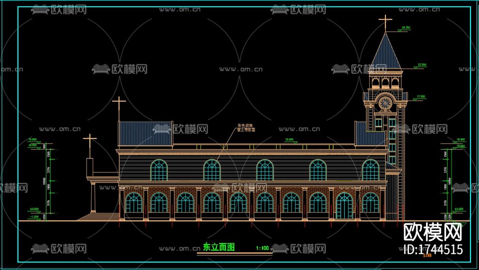 教堂建筑cad施工圖下載(渲染圖4)