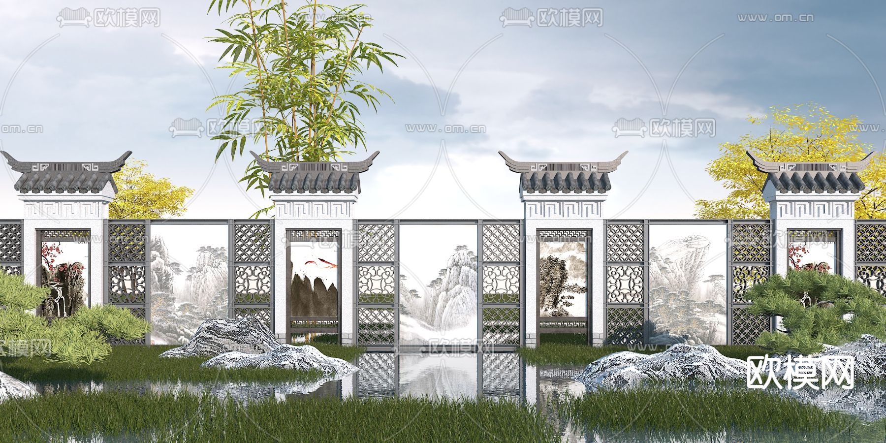 新中式围墙景观墙3d模型