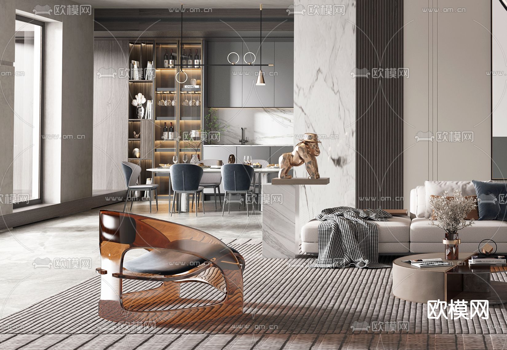 现代别墅客厅餐厅3d模型下载（渲染图3）