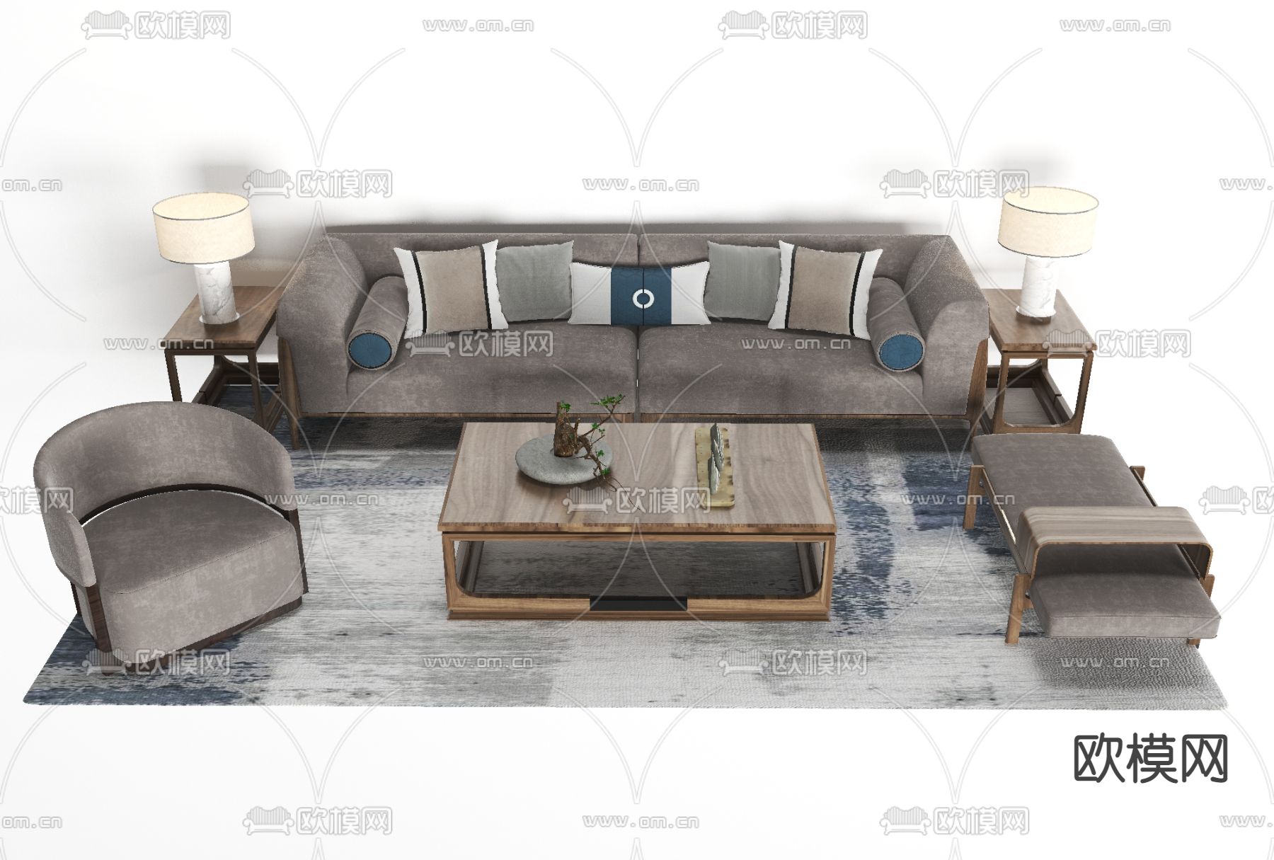 新中式布艺组合沙发免费3d模型下载