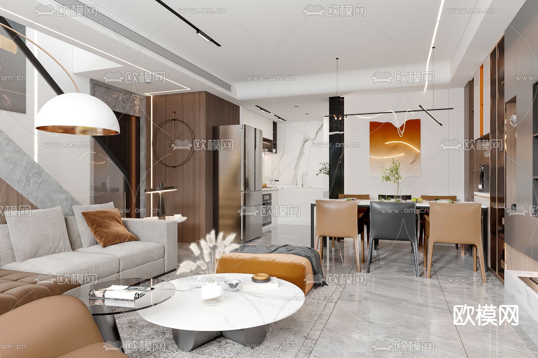 现代复式客厅餐厅3d模型