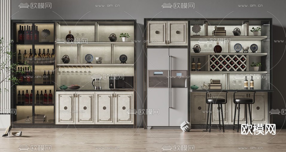 新中式轻奢酒柜3d模型下载(渲染图1)
