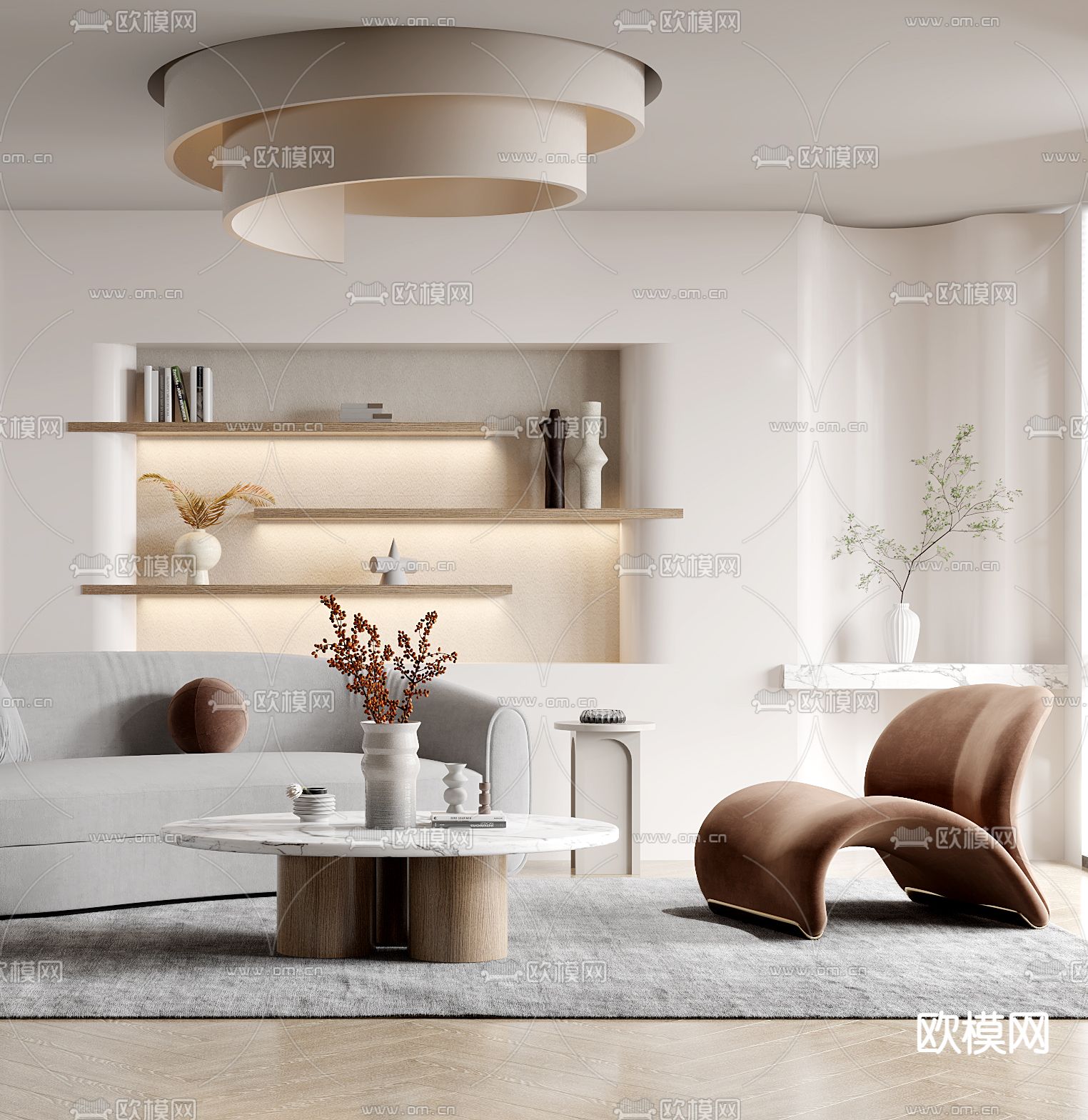 侘寂风布艺沙发组合3d模型下载（渲染图2）