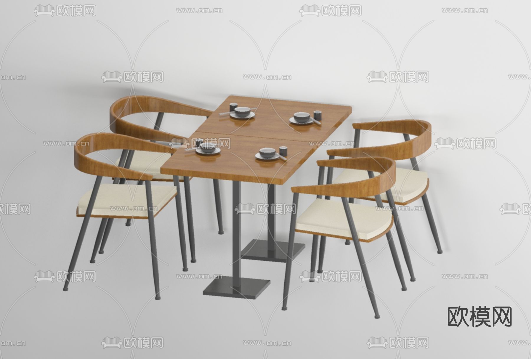 工业风实木餐桌椅免费3d模型下载