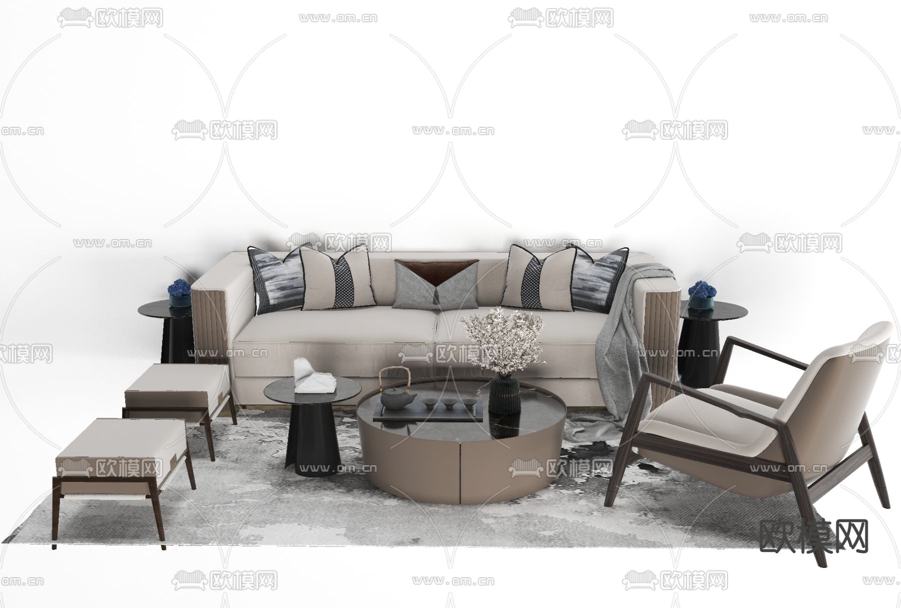 现代布艺组合沙发免费3d模型下载_ID11602721_3dmax免费模型-欧模网
