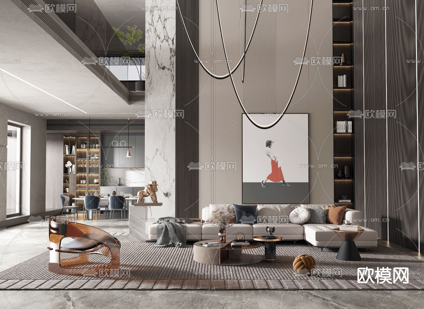现代别墅客厅餐厅3d模型下载（渲染图1）