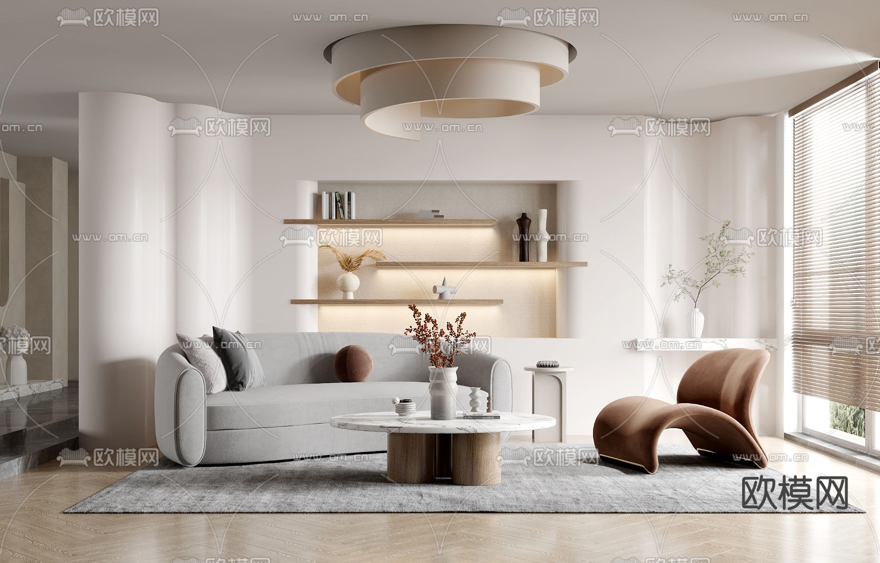 侘寂风布艺沙发组合3d模型下载（渲染图1）