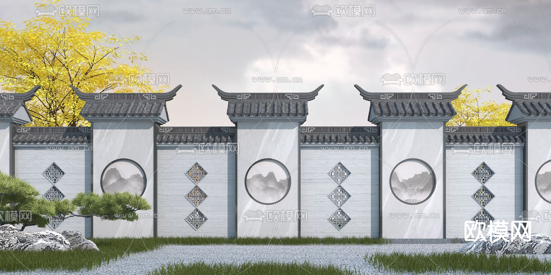 新中式景观墙围墙3d模型