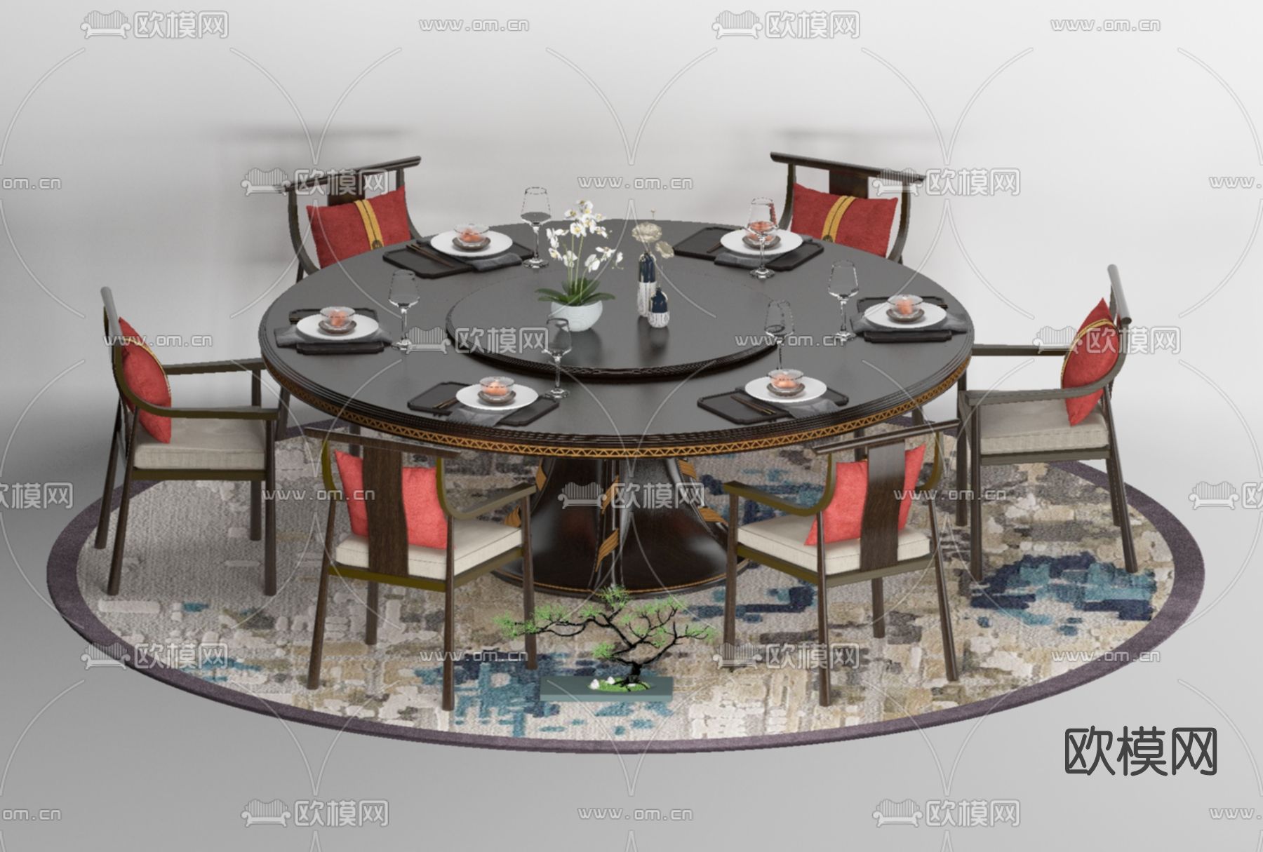 新中式圆形餐桌椅免费3d模型下载