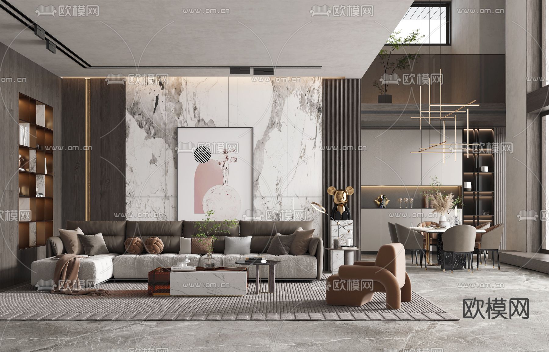 现代轻奢别墅客餐厅3d模型下载（渲染图1）