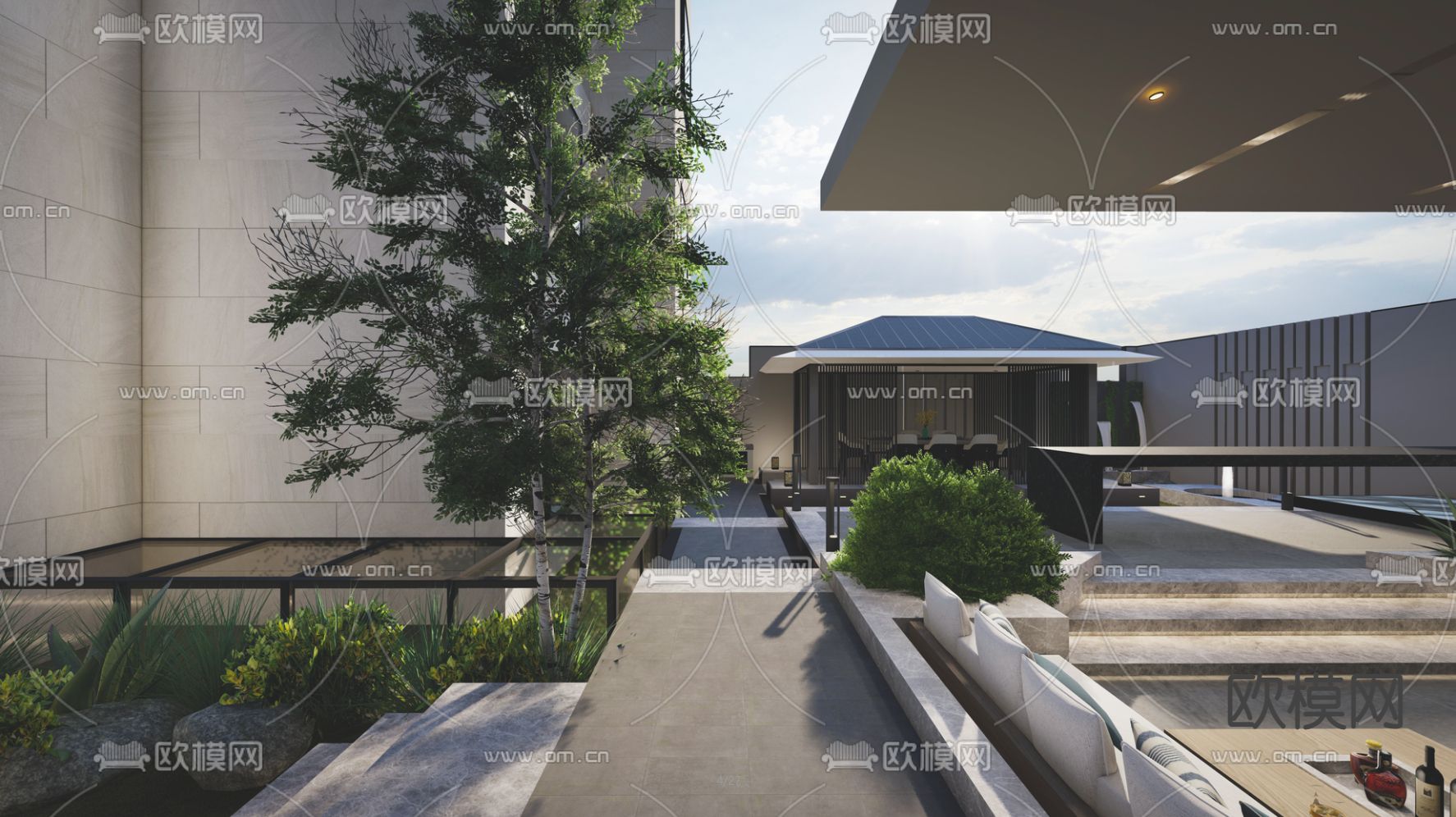 新中式别墅庭院景观su模型下载（渲染图2）