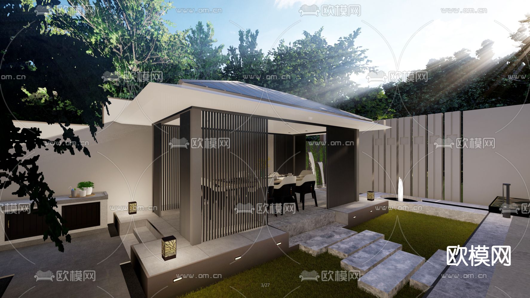 新中式别墅庭院景观su模型下载（渲染图5）