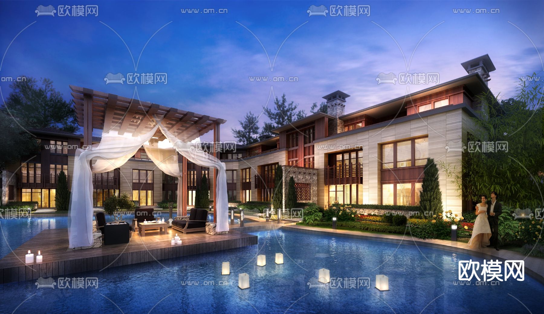 现代别墅内庭水池夜景3d模型下载