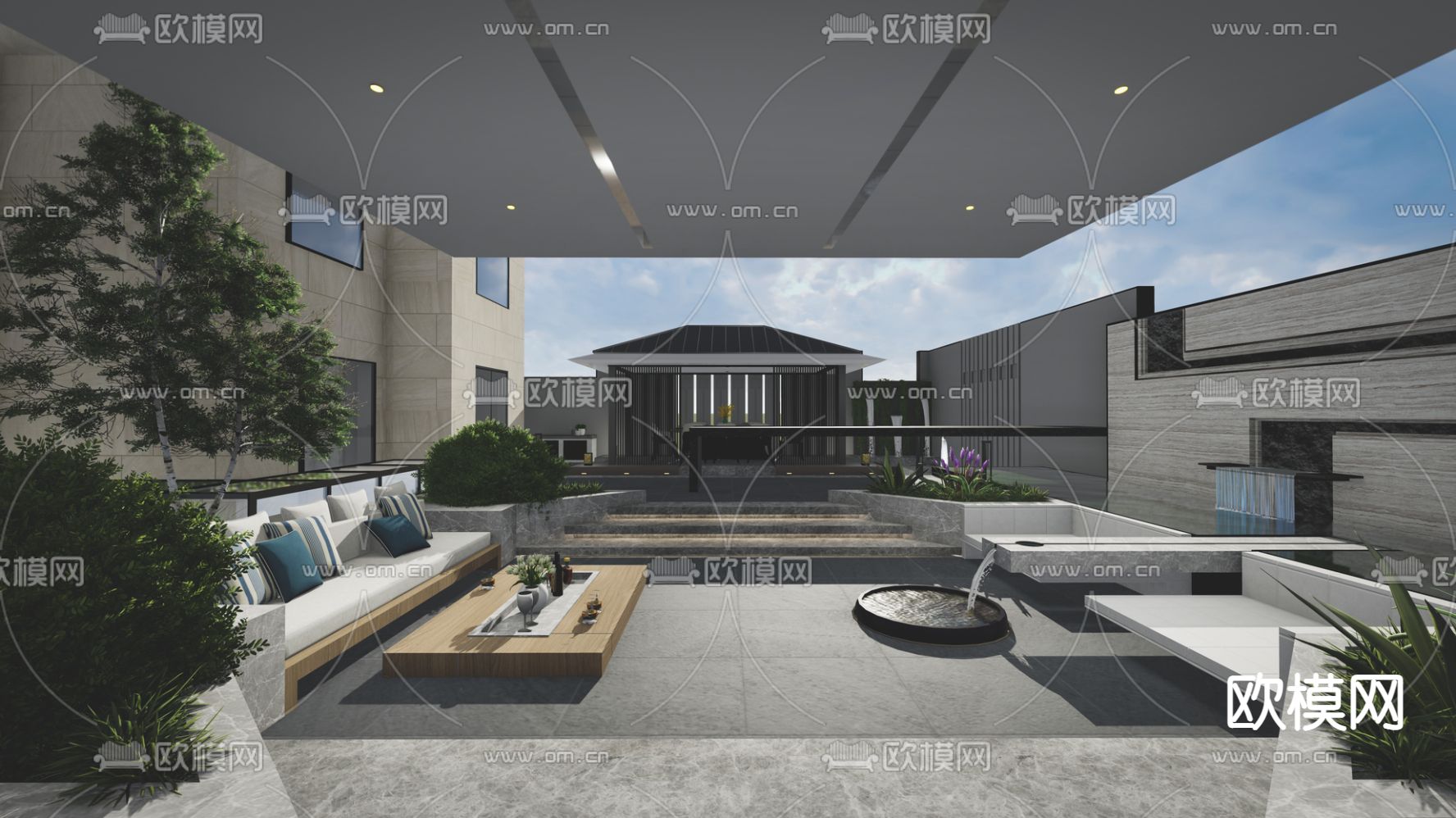 新中式别墅庭院景观su模型下载（渲染图1）