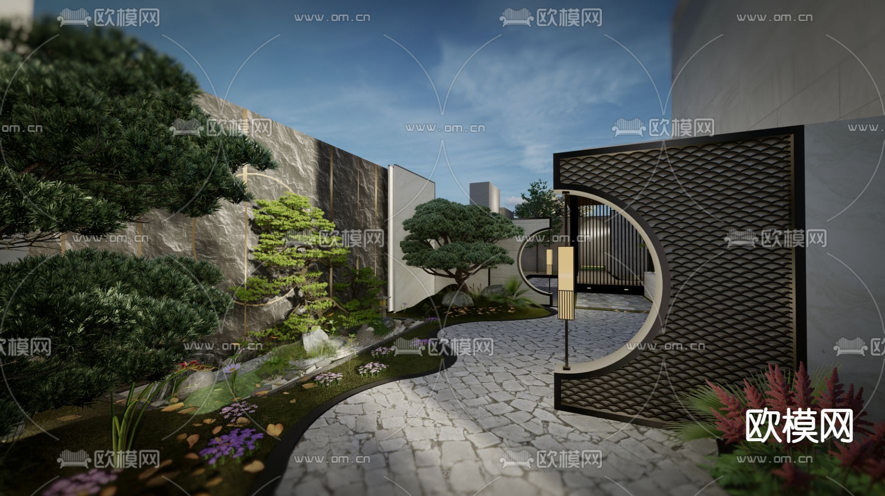 新中式别墅庭院景观su模型下载（渲染图6）