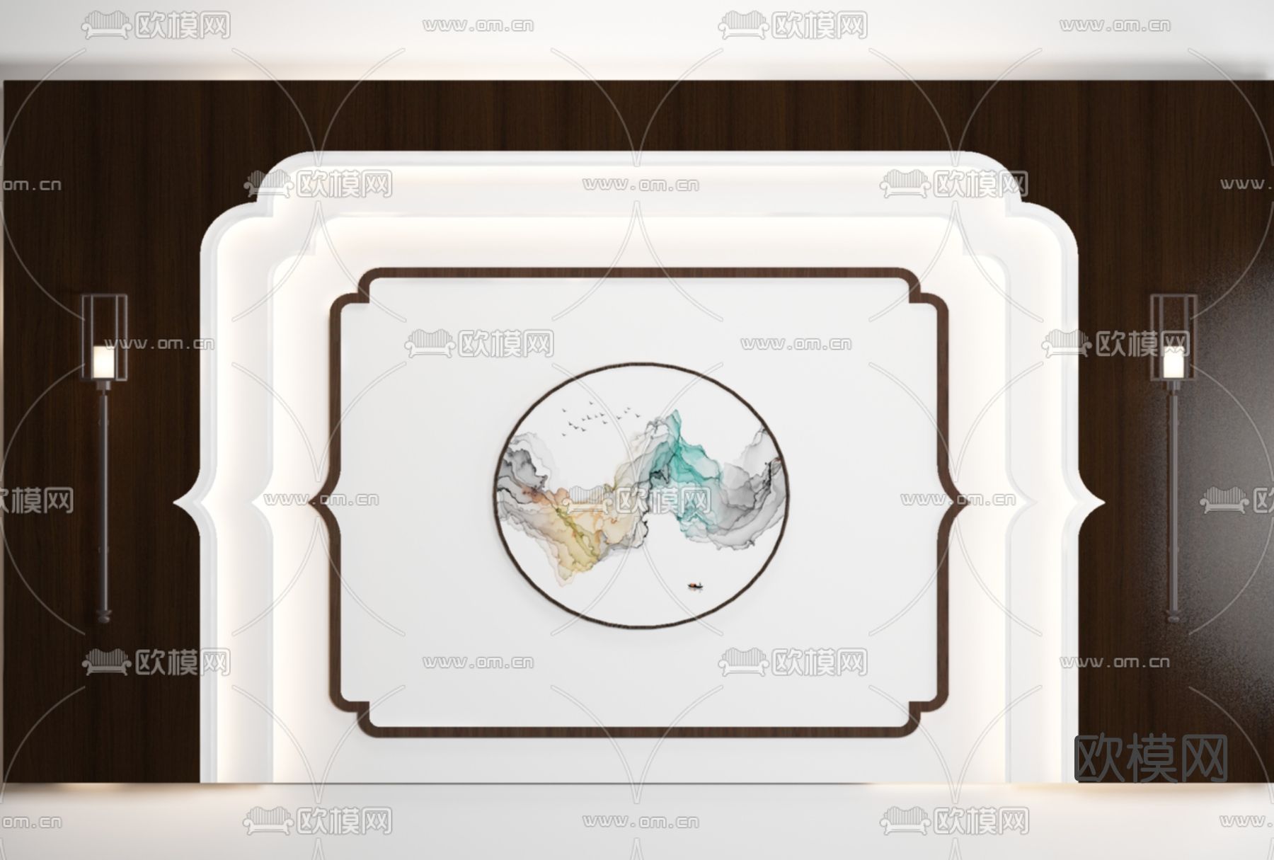 新中式背景墙免费3d模型下载