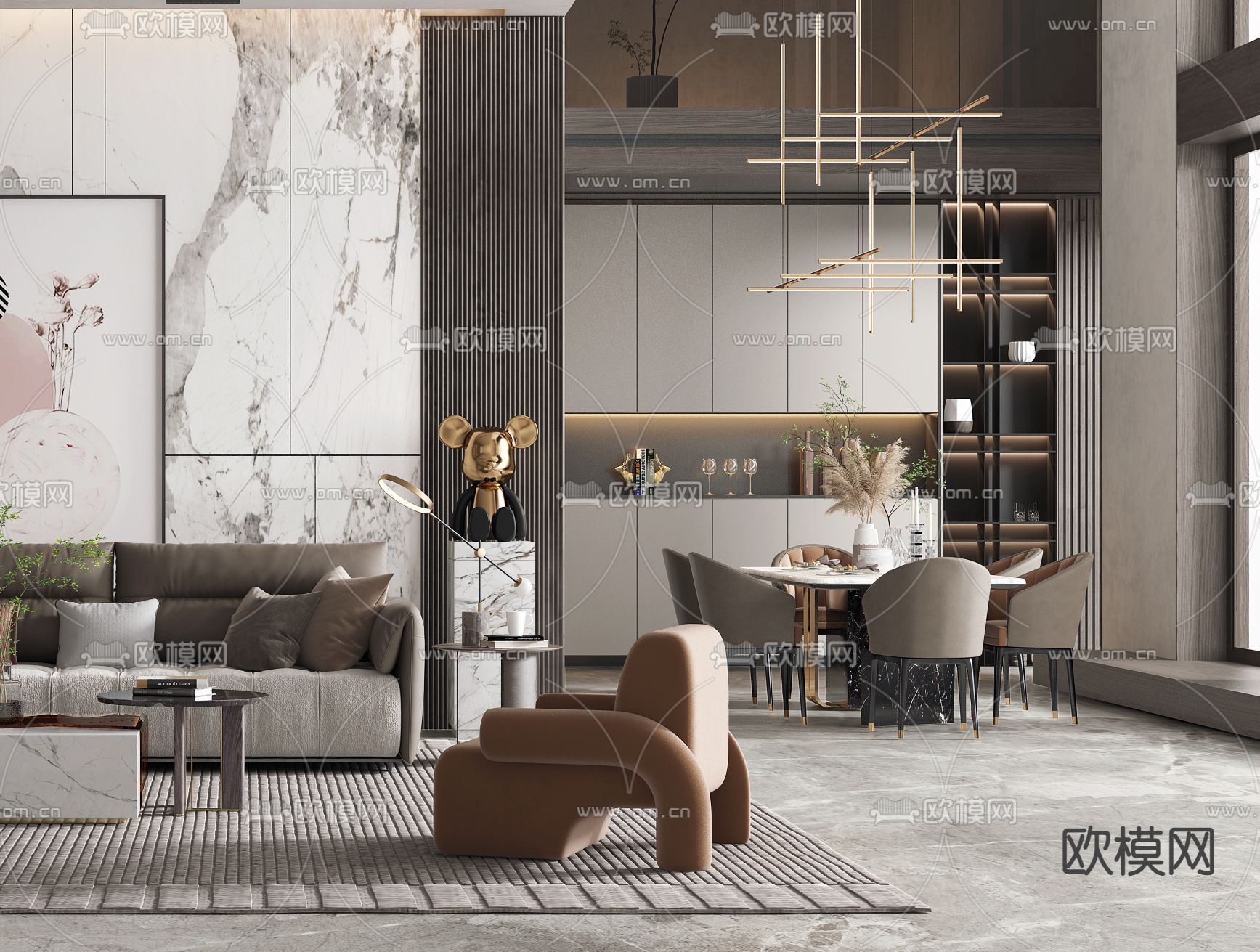 现代轻奢别墅客餐厅3d模型下载（渲染图2）