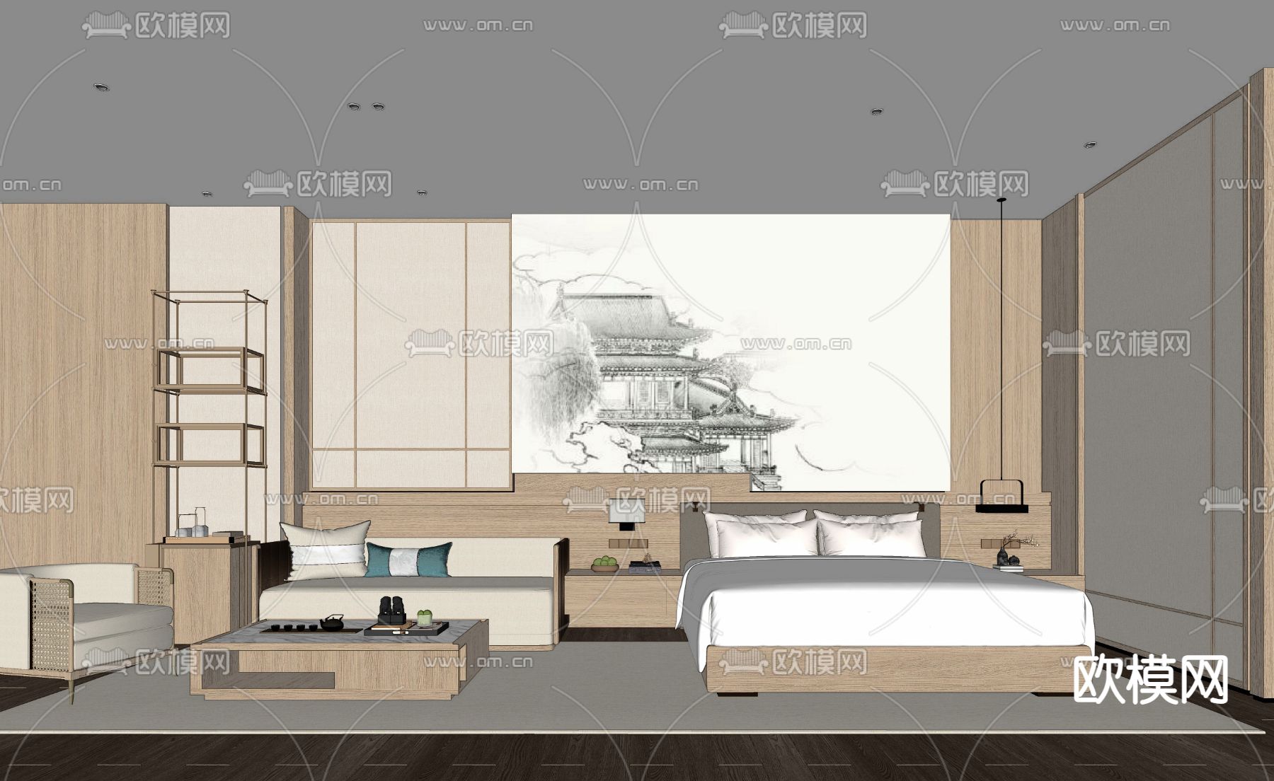 新中式酒店客房su模型