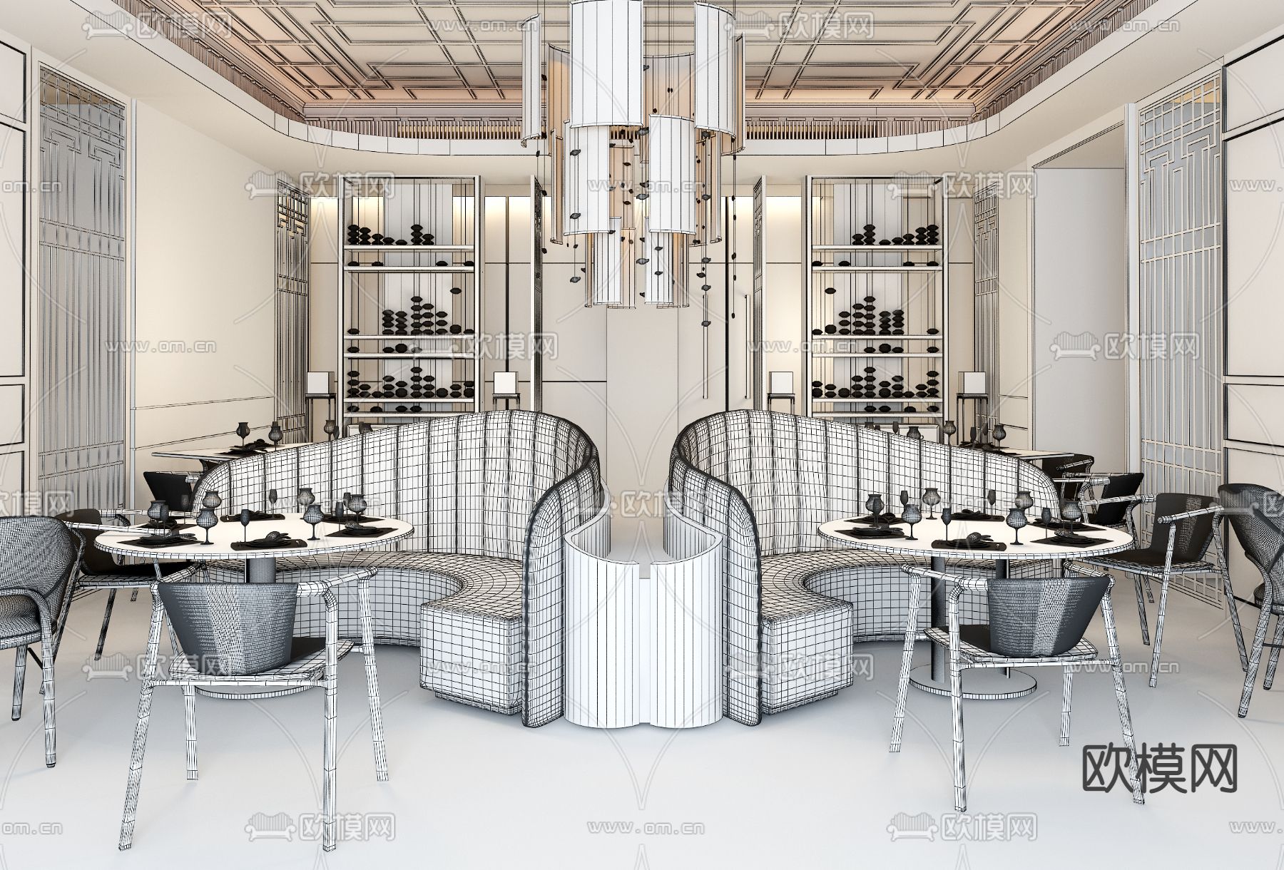 万景百年设计 新中式西餐厅3d模型下载（渲染图2）