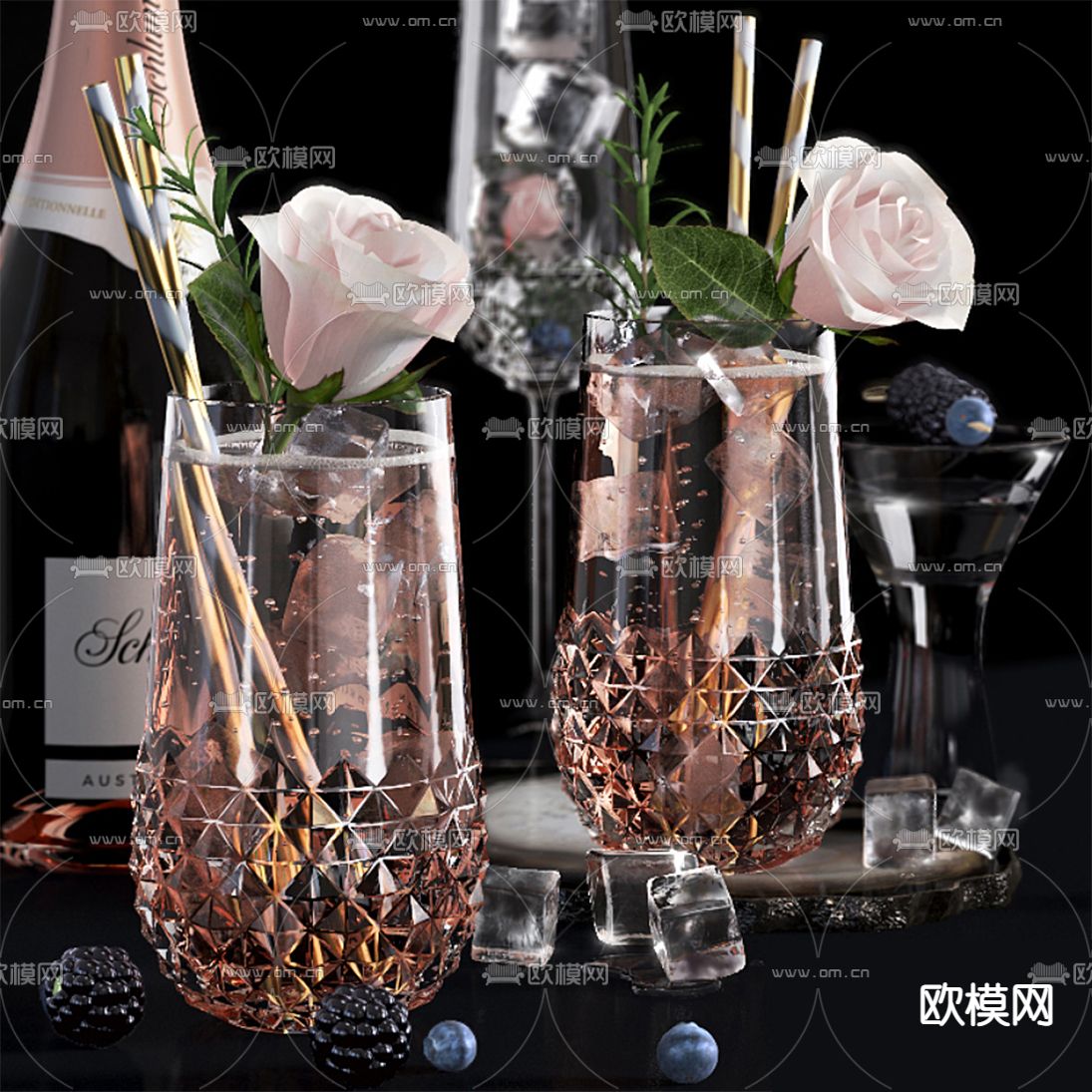 现代酒瓶酒杯3d模型