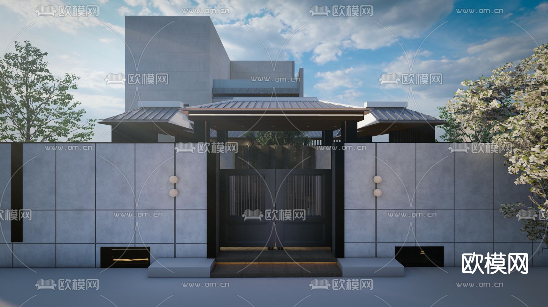 新中式别墅庭院景观su模型下载（渲染图4）