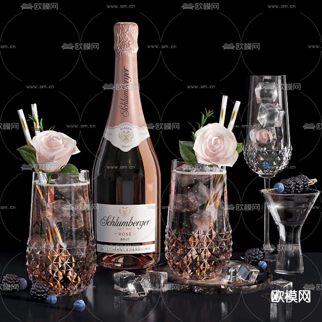 现代酒瓶酒杯3d模型