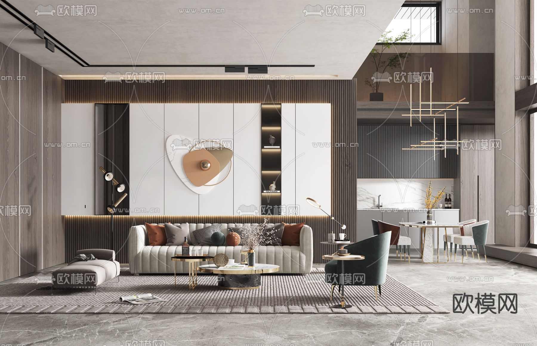 现代挑空别墅客餐厅3d模型下载（渲染图1）