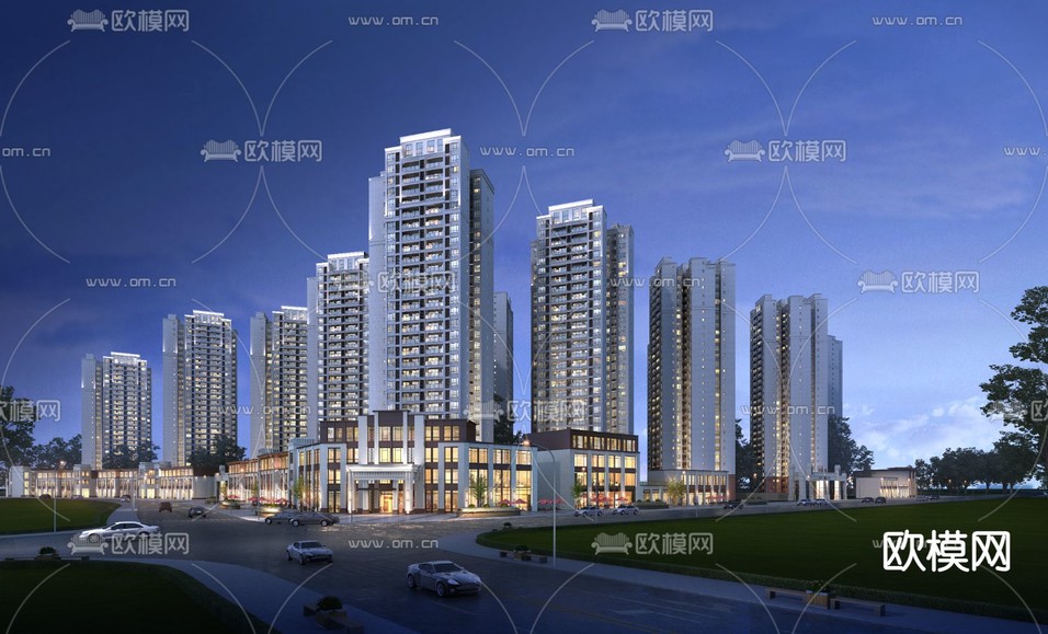 现代高层住宅楼外观夜景3d模型下载