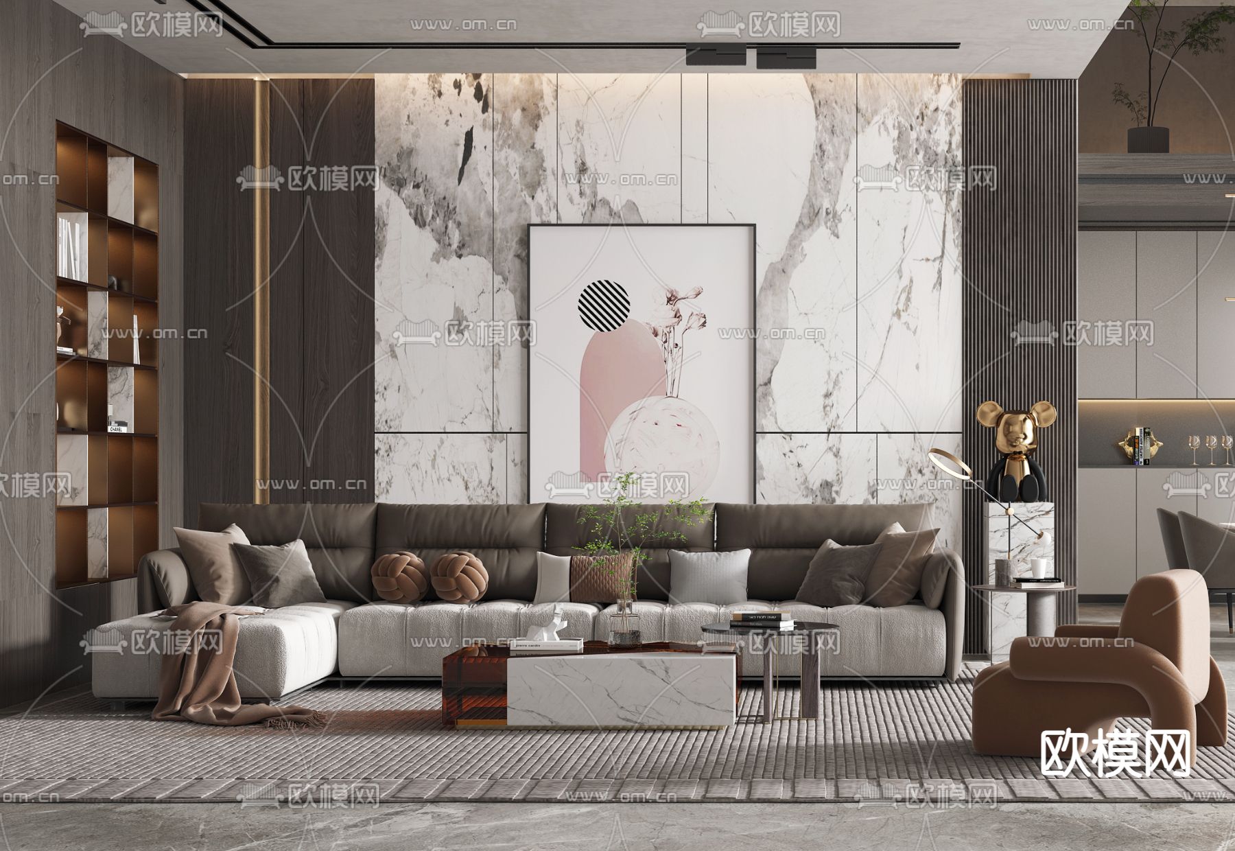 现代轻奢别墅客餐厅3d模型下载（渲染图3）