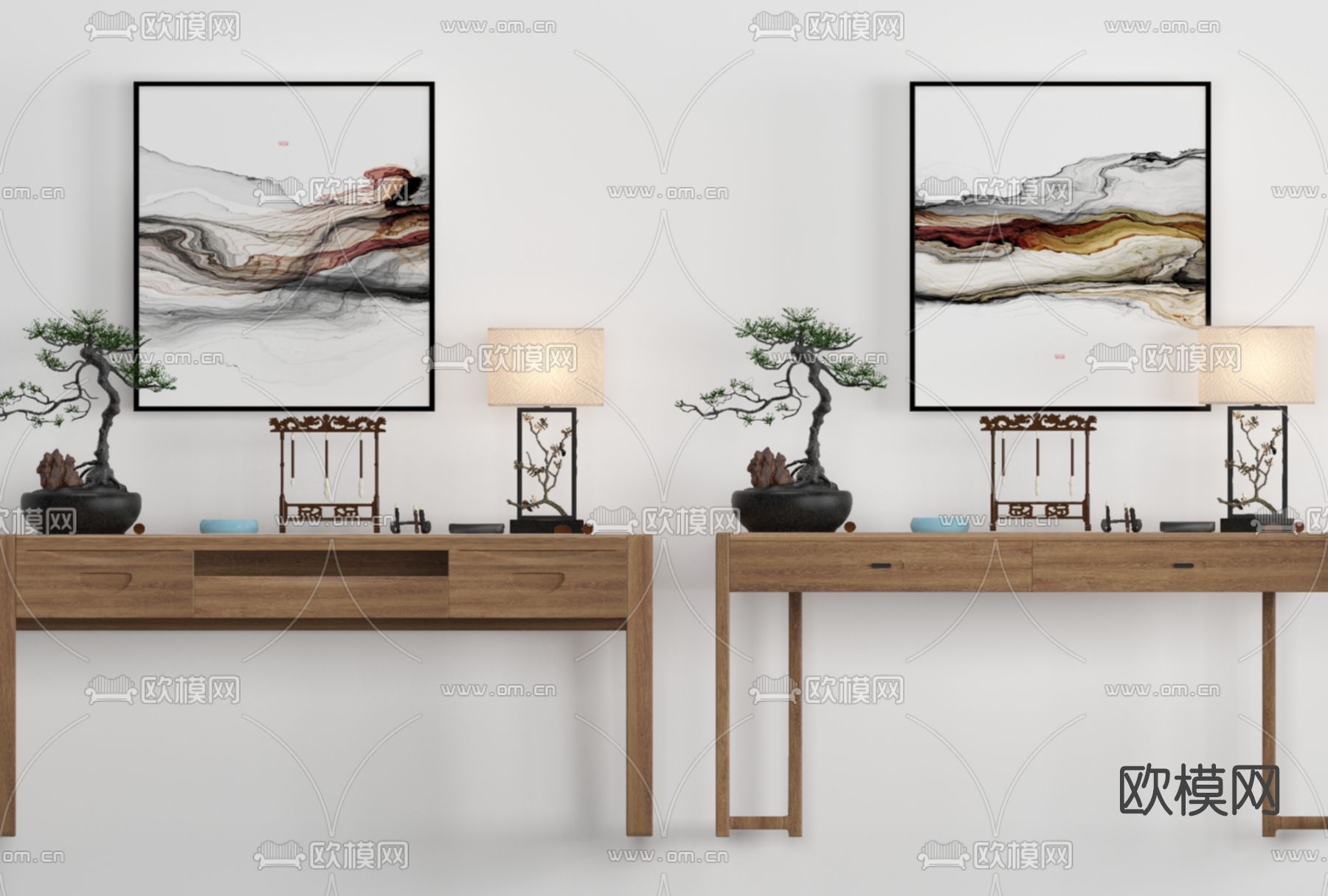 新中式实木书桌免费3d模型下载