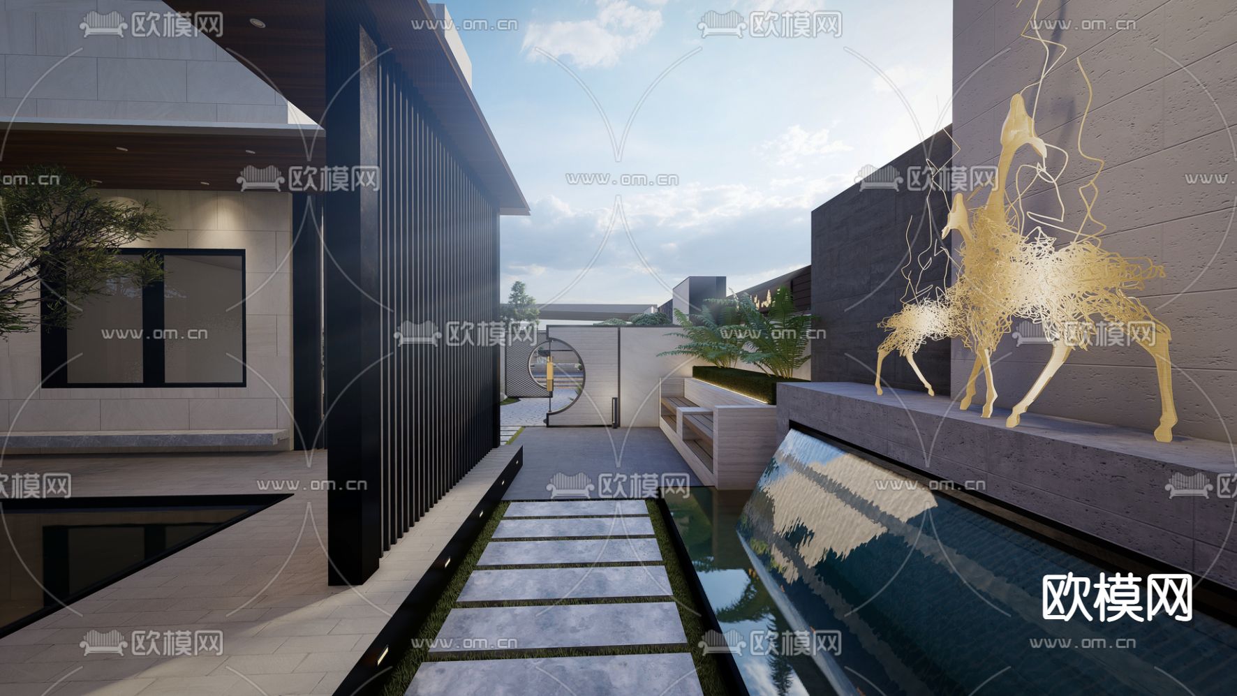 新中式别墅庭院景观su模型下载（渲染图3）