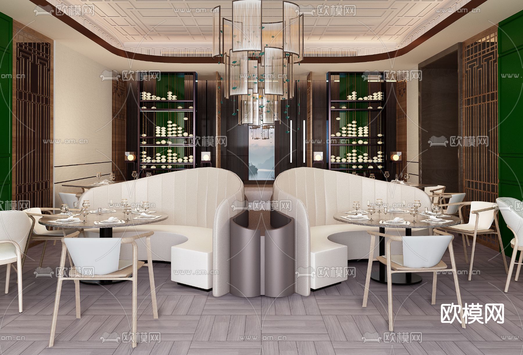 万景百年设计 新中式西餐厅3d模型下载（渲染图1）