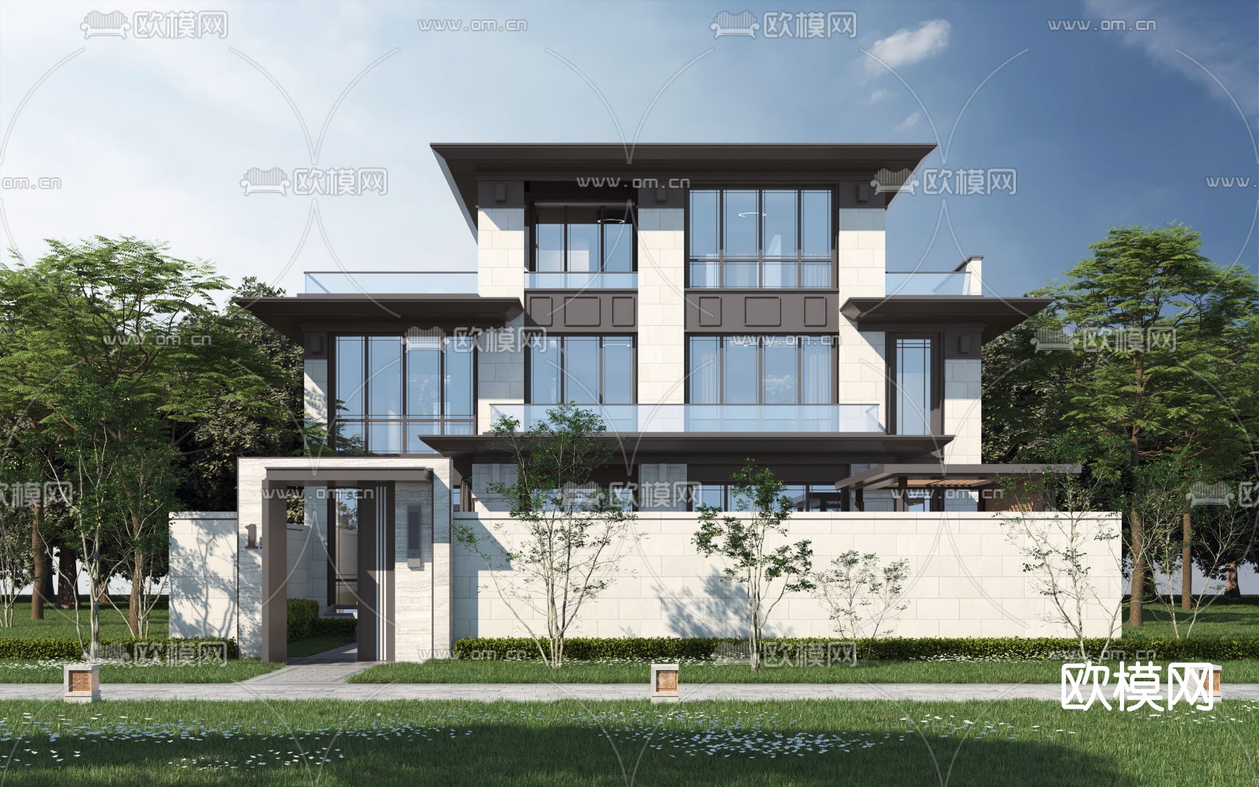 新中式独栋别墅外观3d模型下载