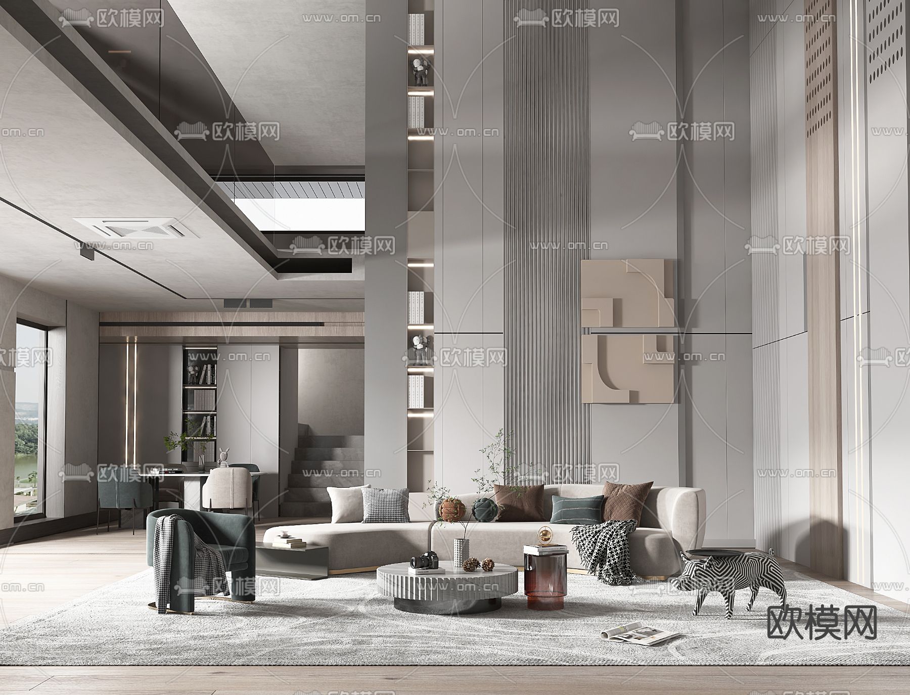 现代别墅客餐厅3d模型下载（渲染图1）