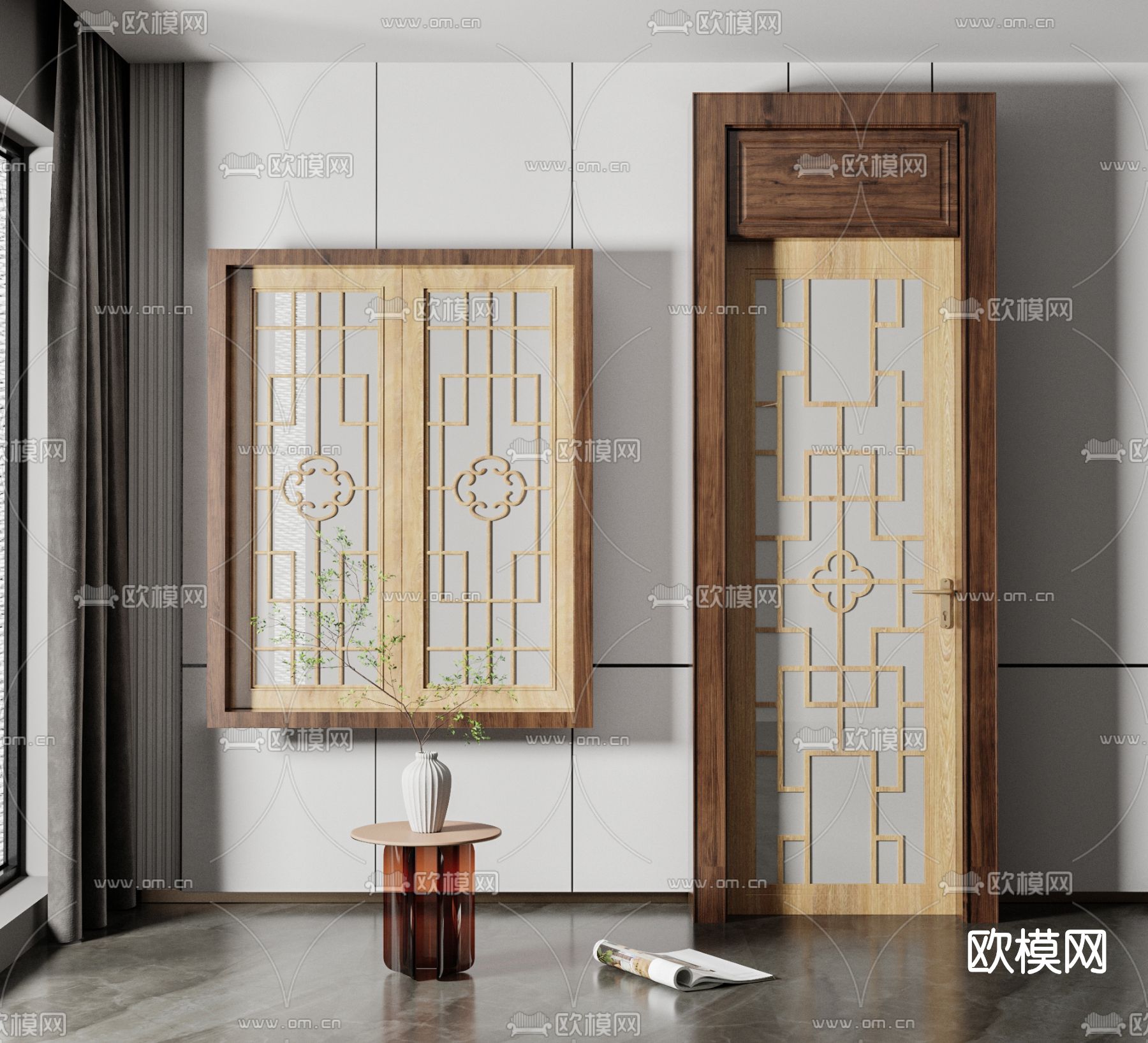 新中式实木花格门窗3d模型