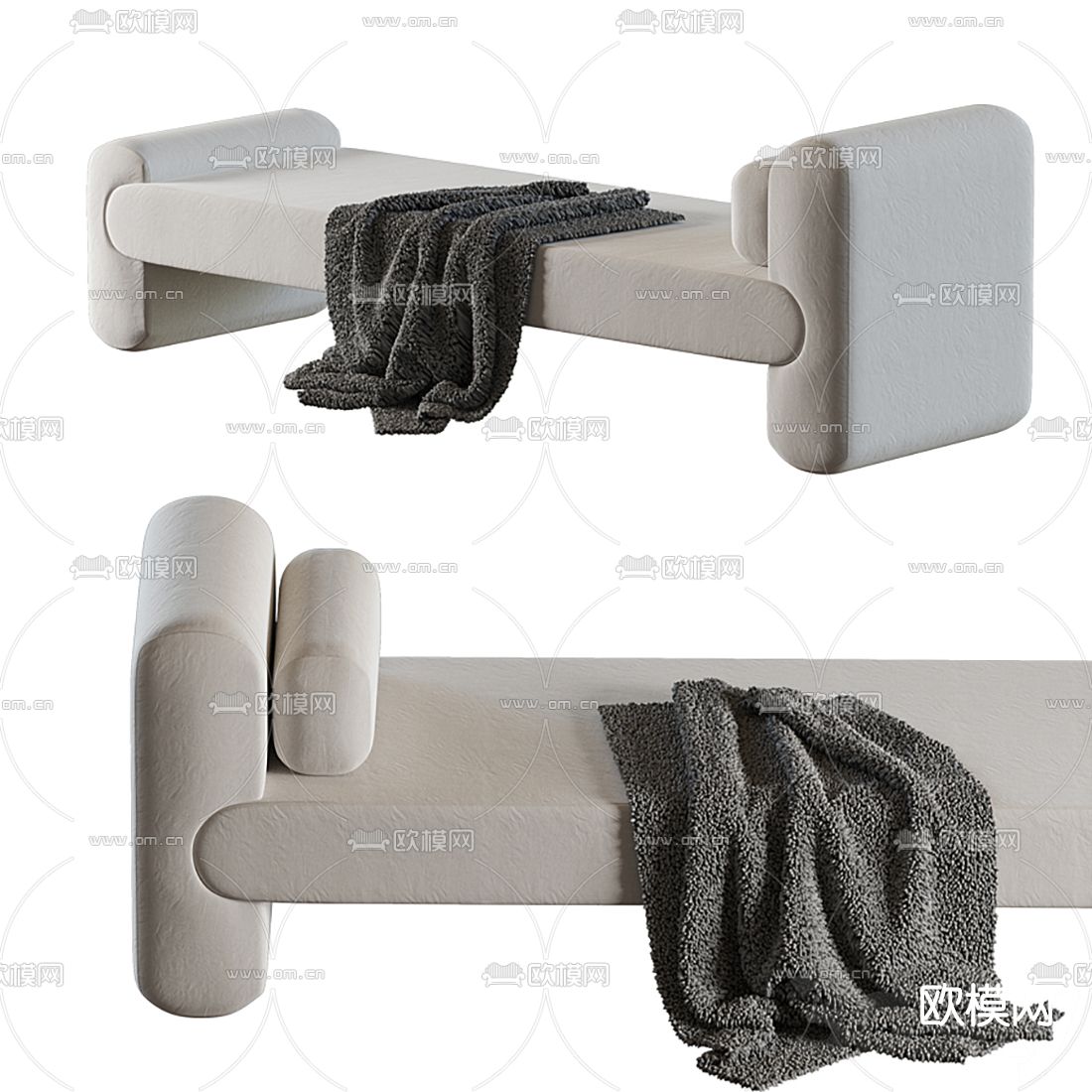 现代布艺脚踏床尾凳3d模型下载（渲染图1）