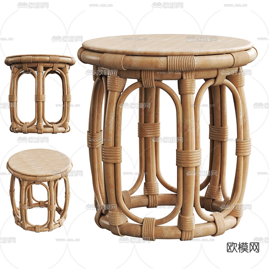 自然风藤编凳子3d模型下载（渲染图1）