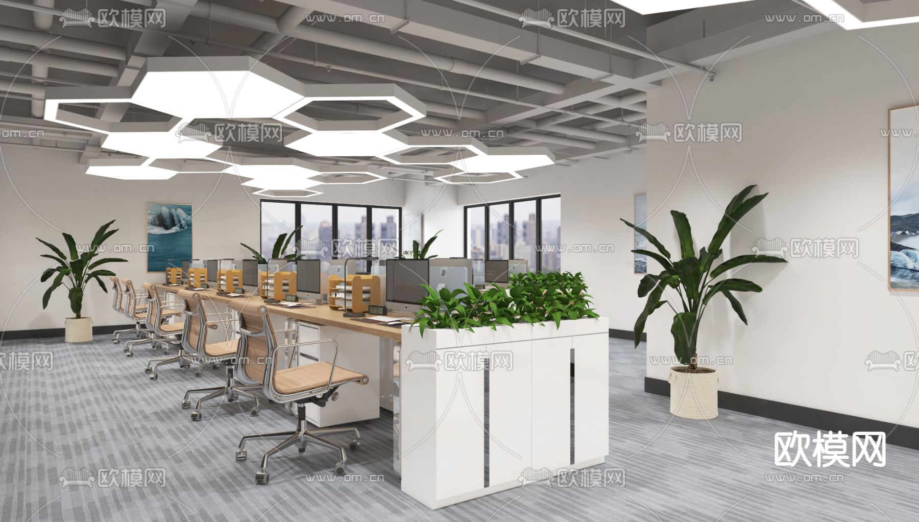 现代敞开式办公区3d模型下载（渲染图1）