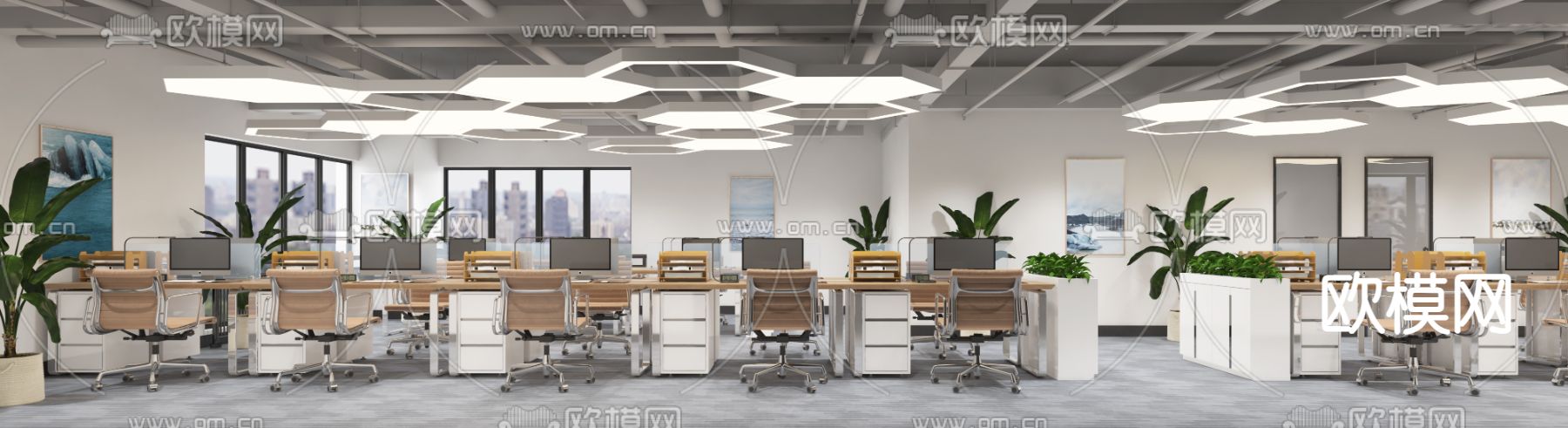 现代敞开式办公区3d模型下载（渲染图2）